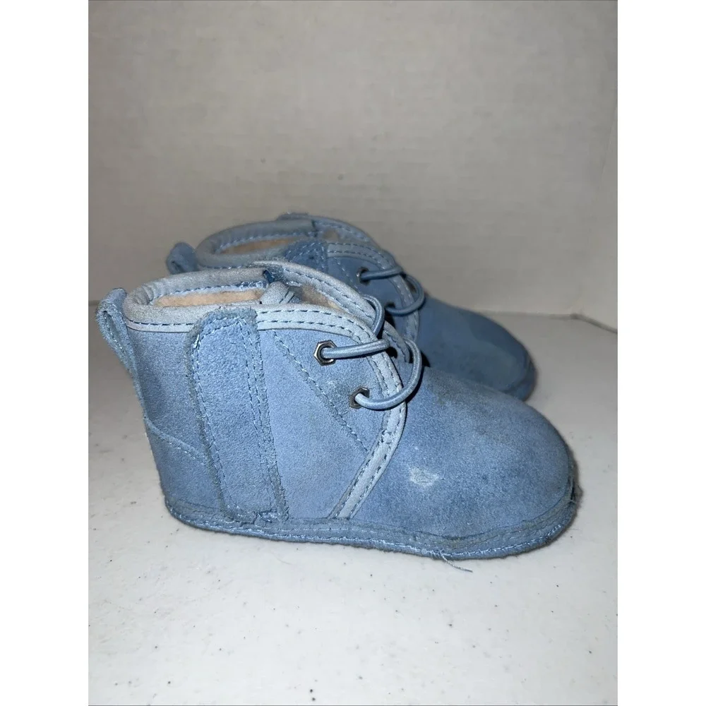 UGG Suede Blue Baby Booties Neumel Fleece Lined Easy On Off Toddler Size 4/5